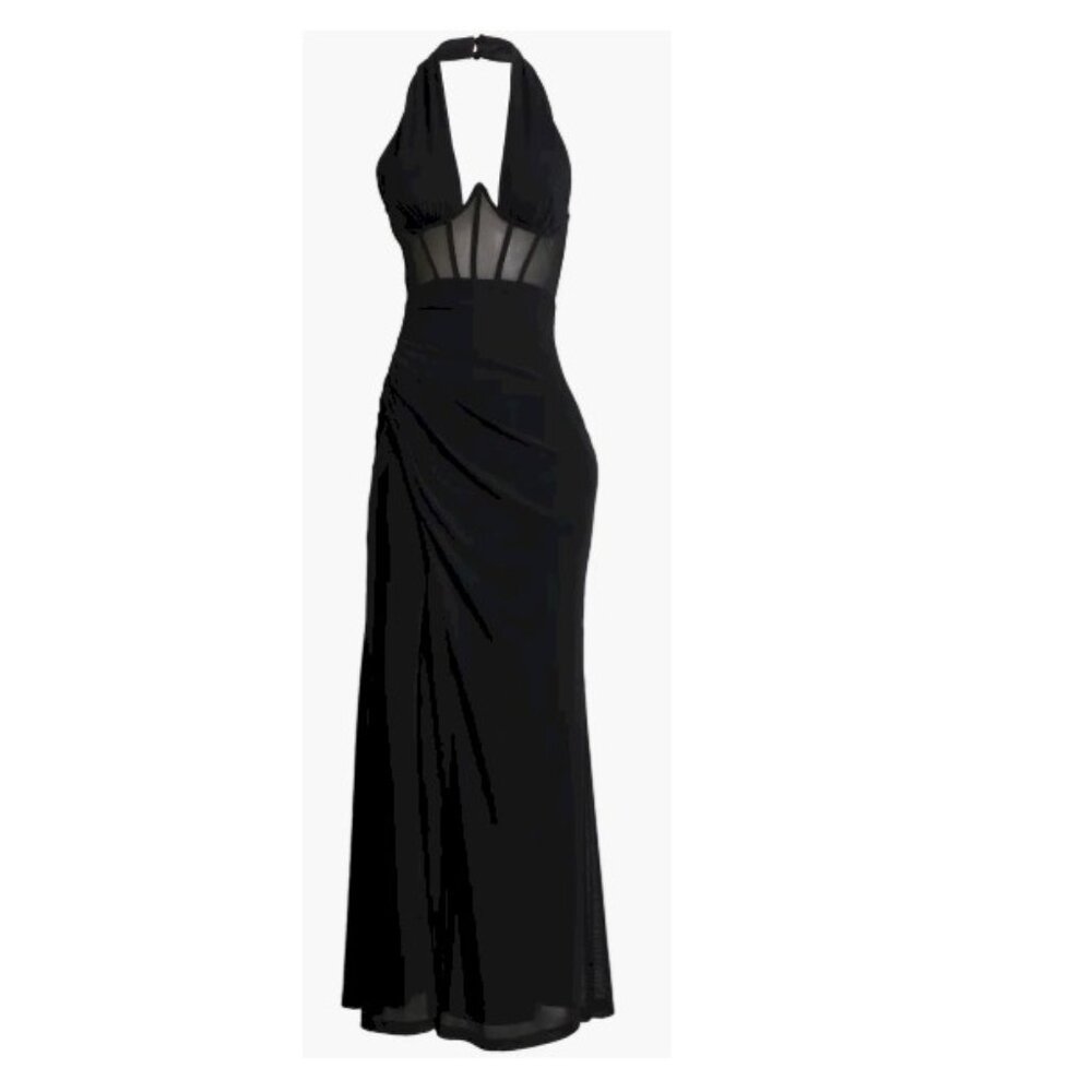 Never-Ending Glamour Black Mesh Cross-Front Halter Maxi Dress Size XS NWOT - Picture 2 of 13